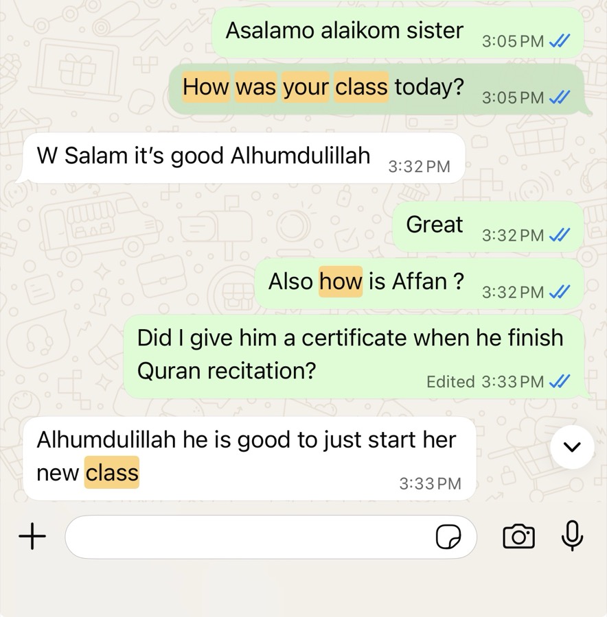 Verified WhatsApp feedback from a Tayseerul Quran student