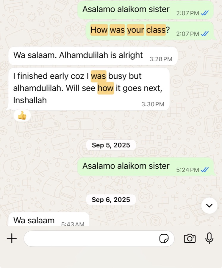 Verified WhatsApp feedback from a Tayseerul Quran student