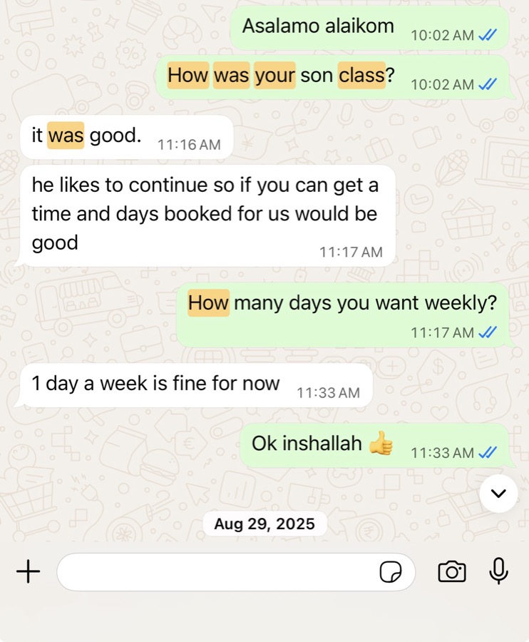 Verified WhatsApp feedback from a Tayseerul Quran student