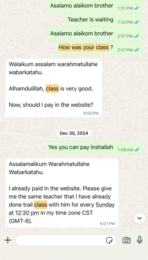Verified WhatsApp feedback from a Tayseerul Quran student