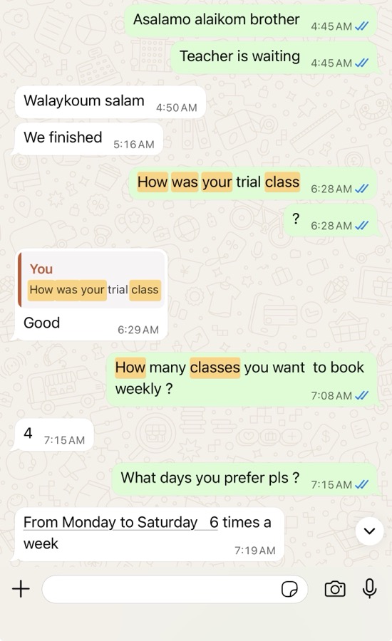 Verified WhatsApp feedback from a Tayseerul Quran student