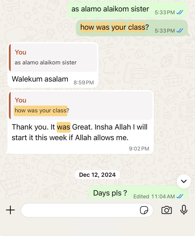 Verified WhatsApp feedback from a Tayseerul Quran student