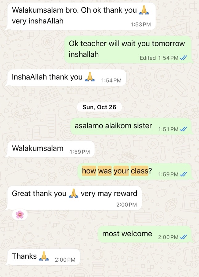 Verified WhatsApp feedback from a Tayseerul Quran student