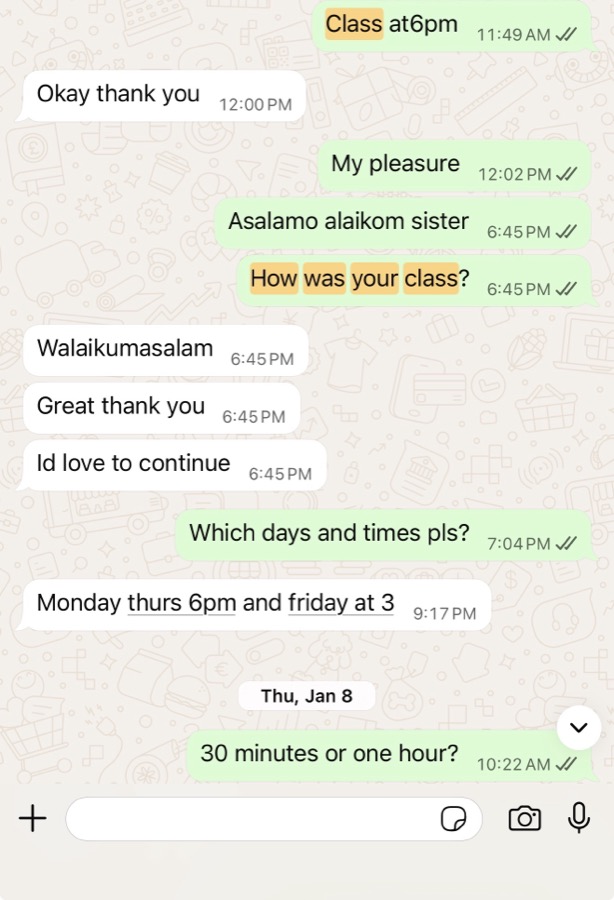 Verified WhatsApp feedback from a Tayseerul Quran student
