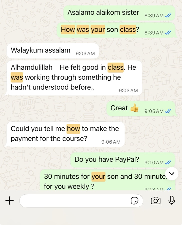 Verified WhatsApp feedback from a Tayseerul Quran student