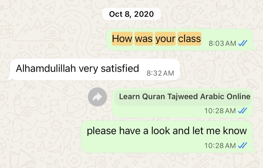 Verified WhatsApp feedback from a Tayseerul Quran student
